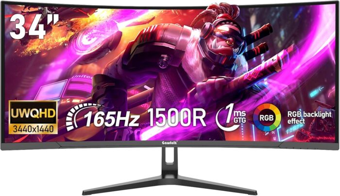 Gawfolk 34″ Inch Gaming Monitor UWQHD 165Hz Curved 1500R Ultrawide 21:9 Computer Monitor 3440×1440 1ms(GTG) 100% sRGB FreeSync PIP/PBP RGB Backlight Display Screen for Office & Gaming