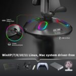 RGB Headphone Controller Stand with HUB, 9 Light Modes Gaming Headset Holder for Desk, Controller Headphone Holder with USB*2+Type-C+3.5mm - Charging & Data for Gaming Setup Gamer Accessories(Black) - Image 3