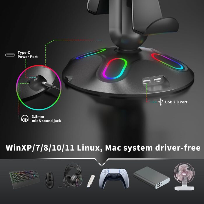 RGB Headphone Controller Stand with HUB, 9 Light Modes Gaming Headset Holder for Desk, Controller Headphone Holder with USB*2+Type-C+3.5mm - Charging & Data for Gaming Setup Gamer Accessories(Black) - Image 3