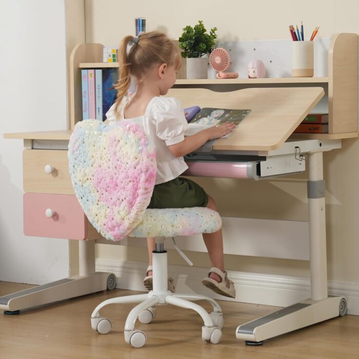 DM Furniture Small Kids Chair, Cute Heart Girls Desk Chair, Rolling Study Chair Furry Pink Computer Chair, Faux Fur Swivel Vanity Chair for Children Bedroom/Study, Colorful - Image 6