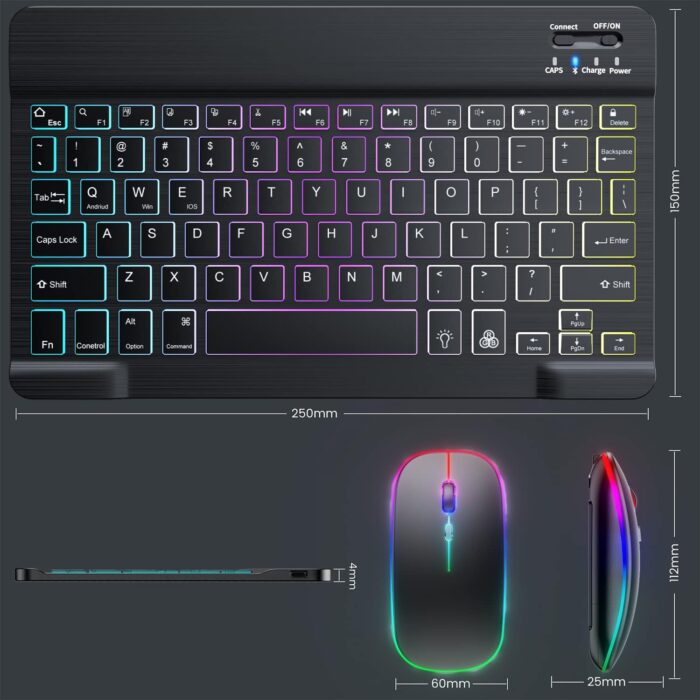 Ultra-slim Bluetooth Keyboard and Mouse Combo for iPad, Rechargeable Wireless Keyboard & Mouse with 7-Color Backlit, Compatible with iPad 9th/8th Gen, iPad Pro/Air/Mini, iPhone14/13/12 Pro (Black) - Image 7