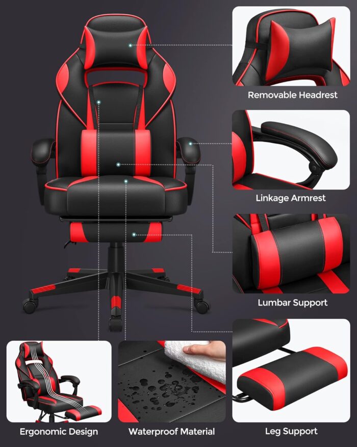 Songmics Racing Gaming Chair, Adjustable Office Chair With Footrest, Ergonomic Design, Tilt Mechanism, Headrest, Lumbar Support, 150 Kg Weight Capacity, Black And Red Obg73Brv1 - Image 3