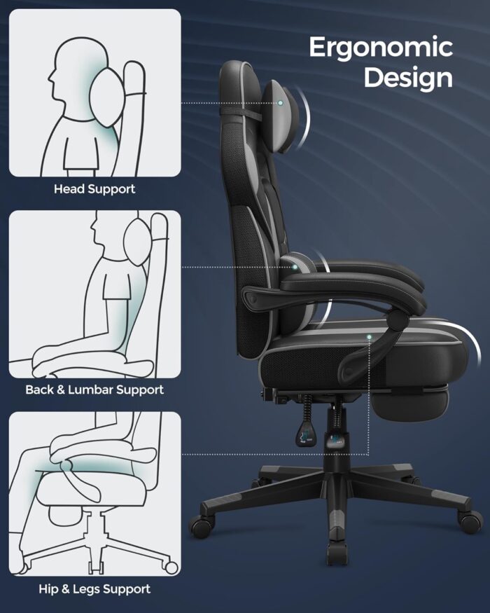 SONGMICS OBG073B03 Gaming Chair, Desk Chair with Footrest, Office Chair with Headrest and Lumbar Cushion, Height-Adjustable, Ergonomic, 90-135° Tilt Angle, Maximum Load 150 kg, Black/Grey - Image 9