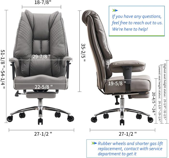 EXCEBET Big and Tall Office Chair 400lbs Wide Seat, Leather High Back Executive Office Chair with Foot Rest, Ergonomic Chairs Lumbar Support for Lower Back Pain Relief (Grey) - Image 2
