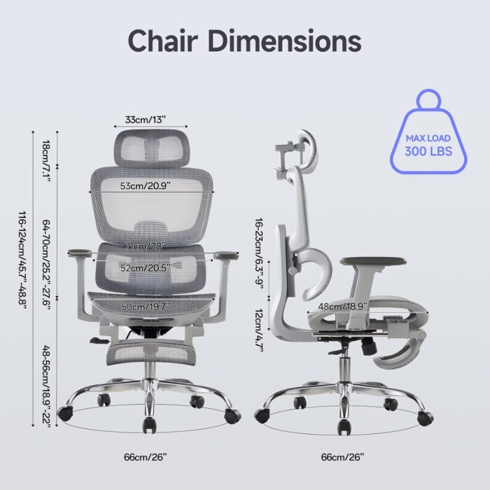 LarkLeaves Ergonomic Chair with Footrest, Office Chair with 3D Headrest, Desk Chair with Adjustable Backrest & 3D Armrest, Gaming Chair with Adaptive Lumbar Support, Mesh Backrest & Cushion, Grey - Image 3