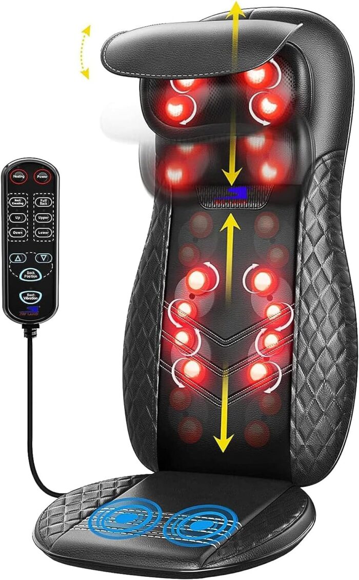 SKY LAND Neck & Back Massager with Heat, Full Back Kneading Shiatsu or Rolling Massage, Adjustable Intense Vibration Massage Seat Pad with Height Adjustment -EM-5227