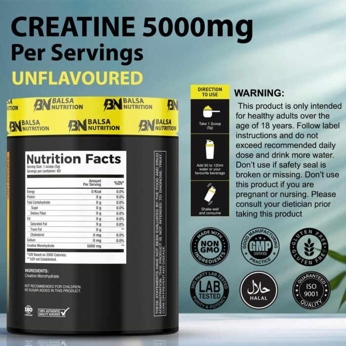 Balsa Nutrition Creatine Monohydrate Powder- 300g, 5g Per Serving (Unflavored) | Supports Muscle Strength, Workout & Performance Recovery, Produce Energy, Immune Booster | Non- GMO - Image 3