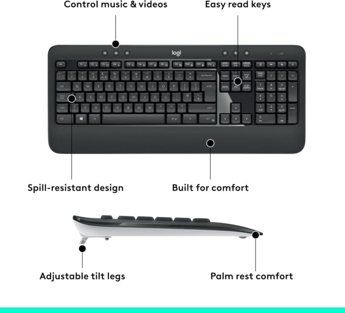 Logitech MK540 Wireless Keyboard and Mouse Combo for Windows, 2.4 GHz Wireless with Unifying USB-Receiver, Wireless Mouse, Multimedia Hot Keys, 3-Year Battery Life, PC/Laptop - Black - Image 6