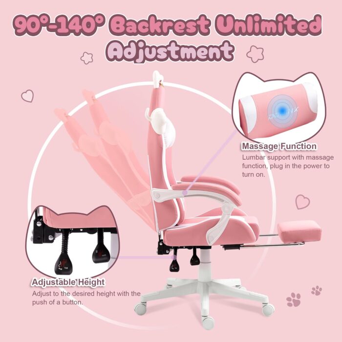 Dowinx Cute Gaming Chair with Cat Ears and Doll, Ergonomic Computer Chair for Girls with Footrest and Massage Lumbar Support, Comfortable Reclining Office Chair, 131.5 kg Load Capacity - Image 6
