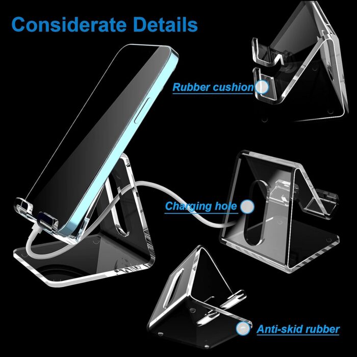 Crpich Acrylic Cell Phone Stand, Portable Phone Holder, Clear Phhone Stand for Desk, Compatible with Phone 12 Pro Max Mini 11 Xr 8 Plus SE, Switch, Android Smartphone, Pad, Tablet, Desk Accessories - Image 3