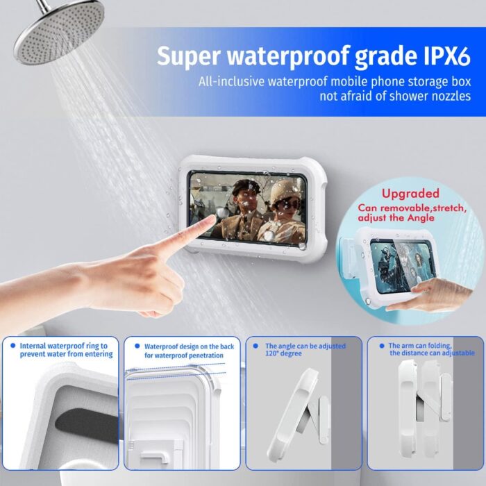 OOLYCIO Upgraded 480° Rotating Shower Phone Holder Waterproof Case with Touch Screen,OOLYICO Shower Accessories Guardian Buddy Holder Wall Mount Shelf in Bathroom Bathtub for 4" - 7" Cell Phone - Image 4