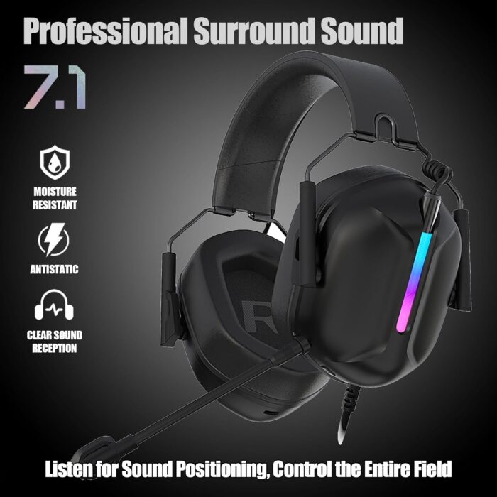 OMIRE RB-C7 Gaming Headset for PS5, PS4, PC, Mac, Switch, Xbox Series, 7.1 Surround Sound RGB Gaming Headphones with Noise Canceling Microphone, 50MM Dynamic Drivers, USB Audio Jack, BLACK - Image 2