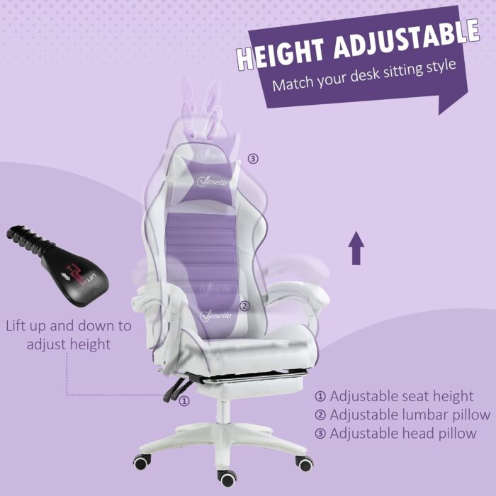 Vinsetto Racing Gaming Chair, Reclining PU Leather Computer Chair with Removable Rabbit Ears, Footrest, Headrest and Lumber Support, Purple - Image 5