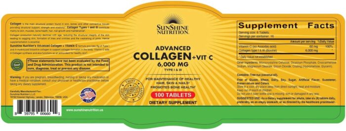 Sunshine Nutrition Advanced Collagen + Vitamin C 6000Mg 100 Tablets | For Hair, Skin, Nail & Bone Health | Dietary Supplement - Image 2