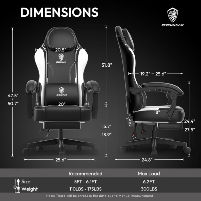 Dowinx Gaming Chair with Pocket Spring Cushion for Adults, Ergonomic Computer Chair with Footrest and Massage Lumbar Support, High Back Leather Game Chair for Office, Gaming, 300LBS, White - Image 3