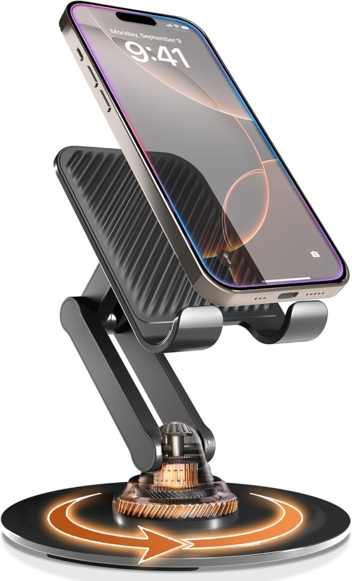 Cooper 360 Stand – Adjustable Cell Phone Stand for Desk | 360 Click-Rotating, Multi-Angle, Non-Slip Metal Base, Foldable & Portable | iPhone Stand for Desk, Cell Phone Stand Holder (Piano Black)