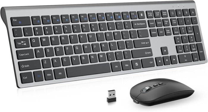 cimetech Rechargeable Wireless Keyboard and Mouse, 2.4G USB Full Size Keyboard Mouse Combo for Mac, Windows, Laptop, Computer – Grey