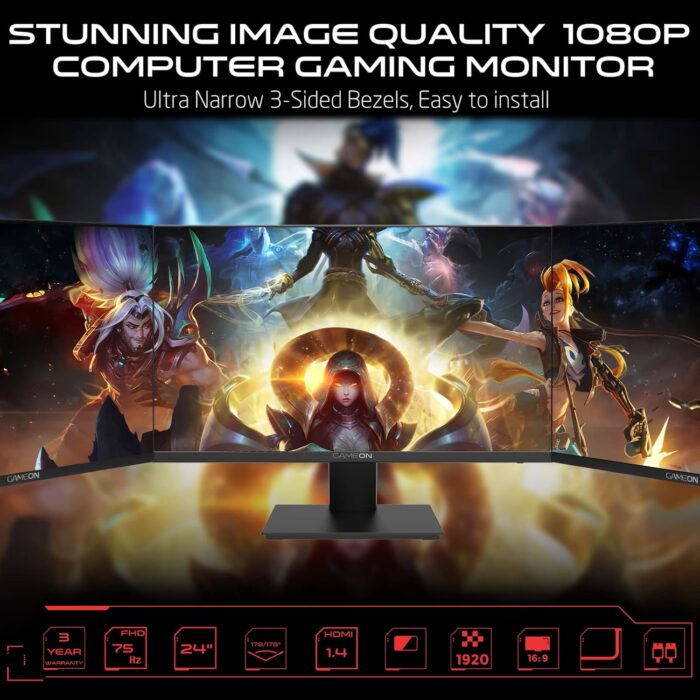 GAMEON 24 inch monitor, Full HD 1920x1080p HDMI and VGA with Ergonomic Tilt, Eye Care Technology with Blue Light Filter and Anti-Glare, Adaptive-Sync and Built-in-speakers - Image 2