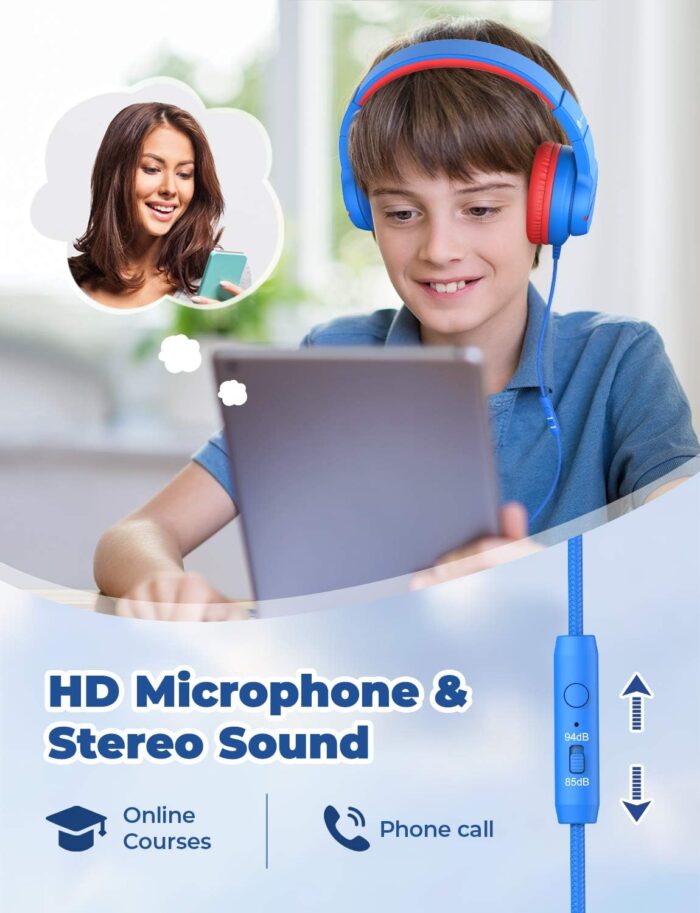 iClever Kids Headphones with Microphone for School, Volume Limiter 74/85dBA, Over-Ear Boys Headphones for Kids with Shareport, Wired Headphones for iPad/Fire Tablet, Blue - Image 2