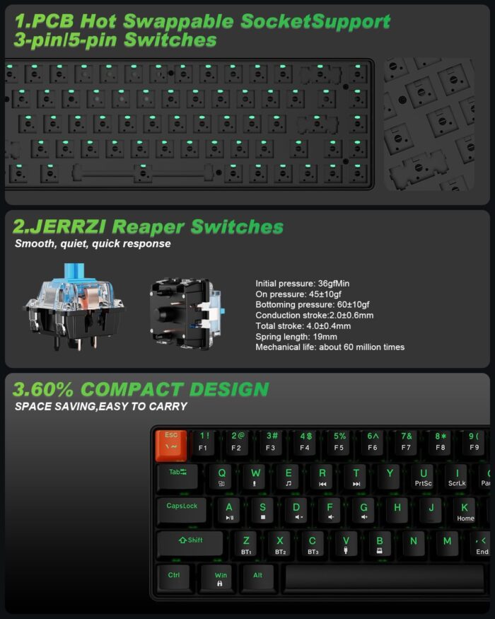 SOHOMACH Wireless Mechanical Keyboard, 60% Hot Swappable Bluetooth Keyboard with RGB Lighting, 68 Keys, 2.4GHz/USB-C/BT5.0, for PC Mac Laptop Windows Gamer, Black - Image 6