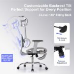 LarkLeaves Ergonomic Chair with Footrest, Office Chair with 3D Headrest, Desk Chair with Adjustable Backrest & 3D Armrest, Gaming Chair with Adaptive Lumbar Support, Mesh Backrest & Cushion, Grey - Image 8
