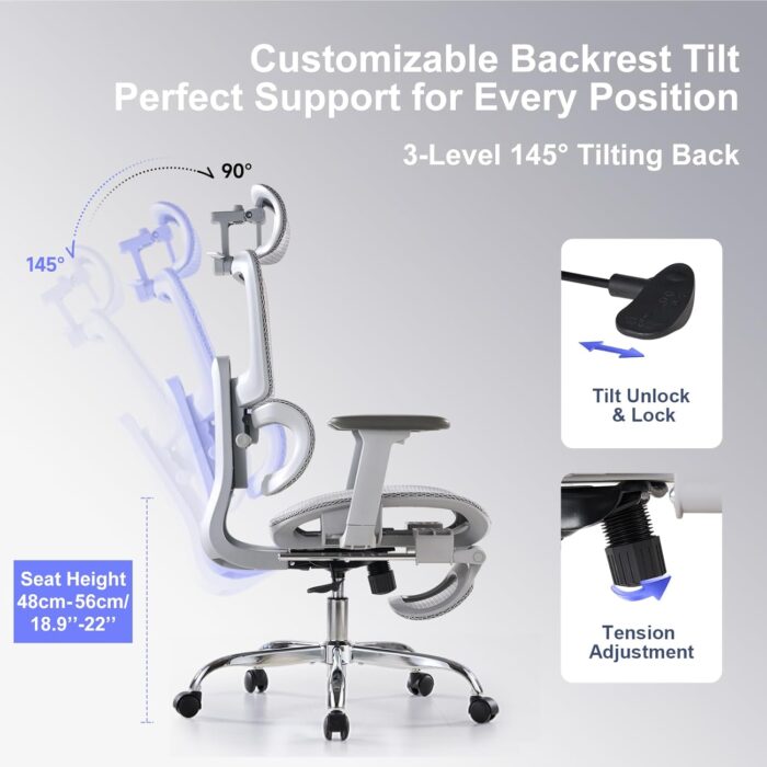 LarkLeaves Ergonomic Chair with Footrest, Office Chair with 3D Headrest, Desk Chair with Adjustable Backrest & 3D Armrest, Gaming Chair with Adaptive Lumbar Support, Mesh Backrest & Cushion, Grey - Image 8