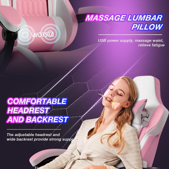 Gaming Chair, Ergonomic Gaming Chair with Footrest and Lumbar Support, Computer Chairs, Height Adjustable Computer Racing Gamer Chairs for Gaming or Office, Pink White - Image 7