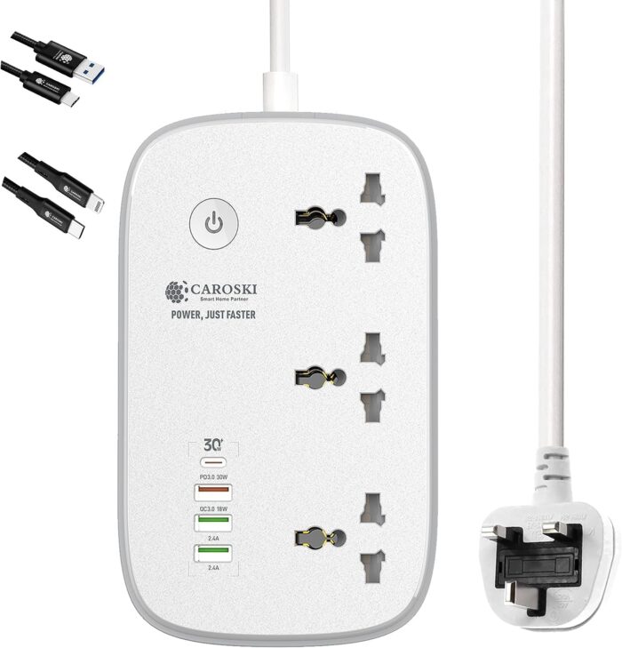 CAROSKI – Wifi Smart Power Strip 3 AC Outlets & 4 USB Ports 6ft Extension Cord 2 Charging Cables 30W Fast Charger Power Extension Surge protector Compatible with Google Home & Alexa 1 year warranty