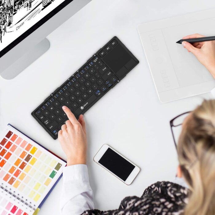 iClever iClever Folding Wireless Keyboard with Sensitive Touch Pad, Pocket-Sized Tri-folding Bluetooth Keyboards with Portable Carry Pouch, Aluminum Alloy Base (Sync Up to 3 Devices), Dark Gray - Image 8
