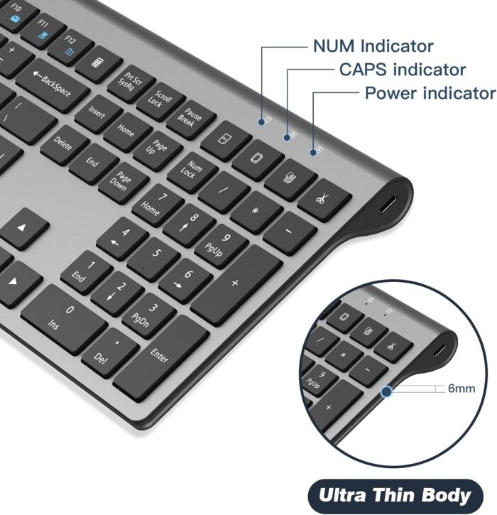 cimetech Rechargeable Wireless Keyboard and Mouse, 2.4G USB Full Size Keyboard Mouse Combo for Mac, Windows, Laptop, Computer - Grey - Image 4
