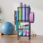 Solerconm Dumbbell Rack with 3-Tier Shelf, Yoga Mat Storage, Metal Home Gym Workout Equipment Storage Organizer with Hooks & Wheels (Black, 43 x 29 x 120 CM) - Image 9