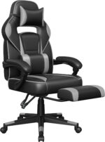 SONGMICS OBG073B03 Gaming Chair, Desk Chair with Footrest, Office Chair with Headrest and Lumbar Cushion, Height-Adjustable, Ergonomic, 90-135° Tilt Angle, Maximum Load 150 kg, Black/Grey