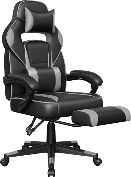 SONGMICS OBG073B03 Gaming Chair, Desk Chair with Footrest, Office Chair with Headrest and Lumbar Cushion, Height-Adjustable, Ergonomic, 90-135° Tilt Angle, Maximum Load 150 kg, Black/Grey SONGMICS OBG073B03 Gaming Chair, Desk Chair with Footrest, Office Chair with Headrest and Lumbar Cushion, Height-Adjustable, Ergonomic, 90-135° Tilt Angle, Maximum Load 150 kg, Black/Grey