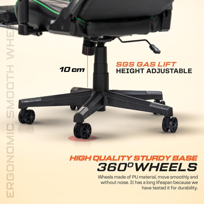 DROGO Wrath Pro Ergonomic Gaming Chair, Video Game Chair with 3D Armrest, Footrest & Adjustable Computer Chair/Home & Office Chair with PU Leather, Head & Lumbar Pillow with Recline (Black/Green) - Image 8