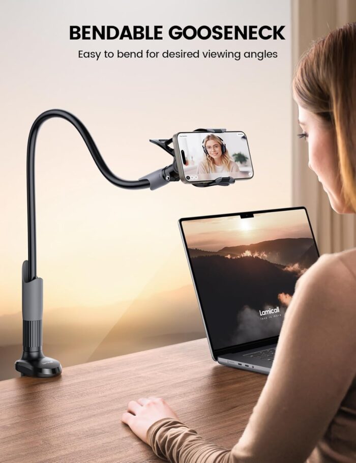 Lamicall Gooseneck Phone Holder for Bed - Cell Phone Mount Clamp Clip, Flexible Long Arm, Overhead Mount for Desk Headboard Bedside, for iPhone 16 Pro Max, 15 Pro Max, 14 Plus, 13 Mini & 4-7" Phone - Image 2