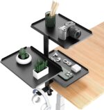TERRIFI Desktop or Under Desk 3-Tier Shelving Unit, Clamp-On Shelf Organizer with Adjustable Metal Storage Tray and Headphone Stand, No Drilling Anti-Slip Desk Storage Shelf
