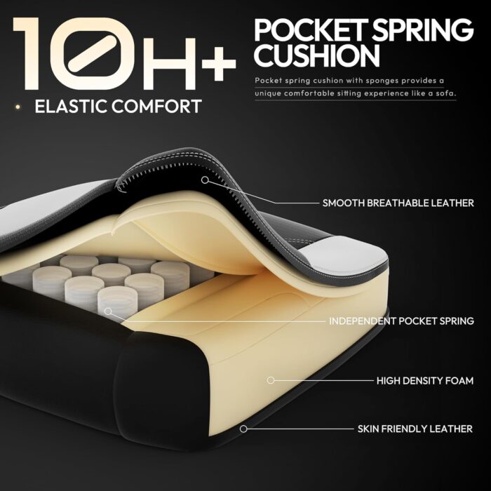 Dowinx Gaming Chair with Pocket Spring Cushion for Adults, Ergonomic Computer Chair with Footrest and Massage Lumbar Support, High Back Leather Game Chair for Office, Gaming, 300LBS, White - Image 4