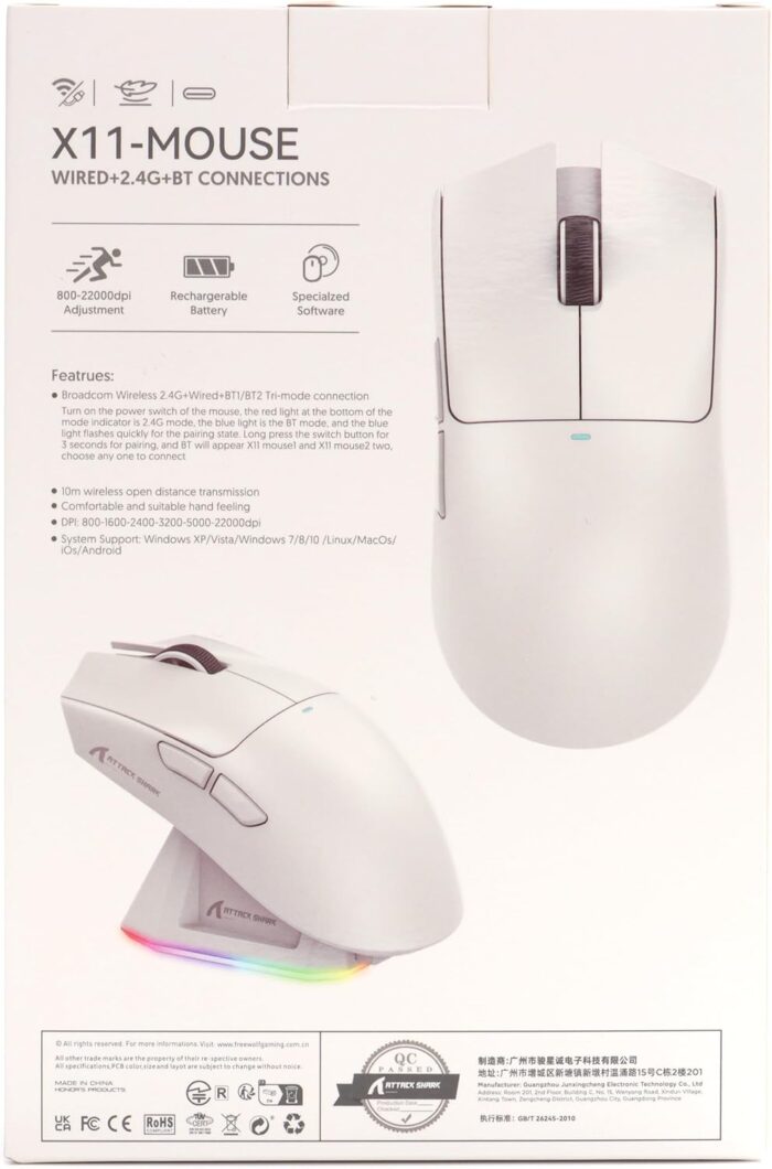ATTACK SHARK X11 Gaming Mouse with Magnetic Charging Dock, PixArt PAW3311 Gaming Sensor, BT/2.4G Wireless/Wired Gaming Mouse, 22000DPI, Office Mice Gamer Mice for Win11/Xbox/PS/Mac(White) - Image 11