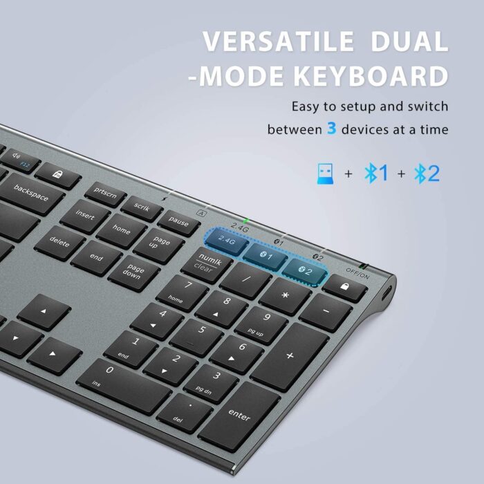 iClever Bluetooth Keyboard and Mouse Set DK03, Rechargeable Dual-Mode (Bluetooth + 2.4G) Wireless Keyboard and Mouse Set, Ultra-Slim Multi-Device Keyboard for Mac, iPad, Apple, Android, Win,Grey Black - Image 3