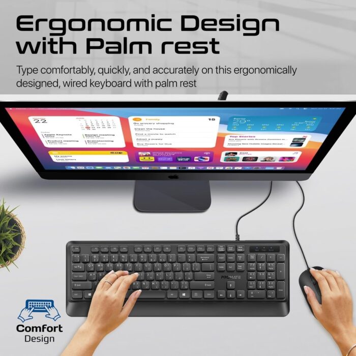 Promate Wired Keyboard and Mouse Combo, Ergonomic Slim Full-Size Quiet Keyboard with 2400 DPI Mouse, Palm Rest, Angled Kickstand and Anti-Slip Silicone Grip for iMac, MacBook Pro, Dell, COMBO-CM5.E/A - Image 4