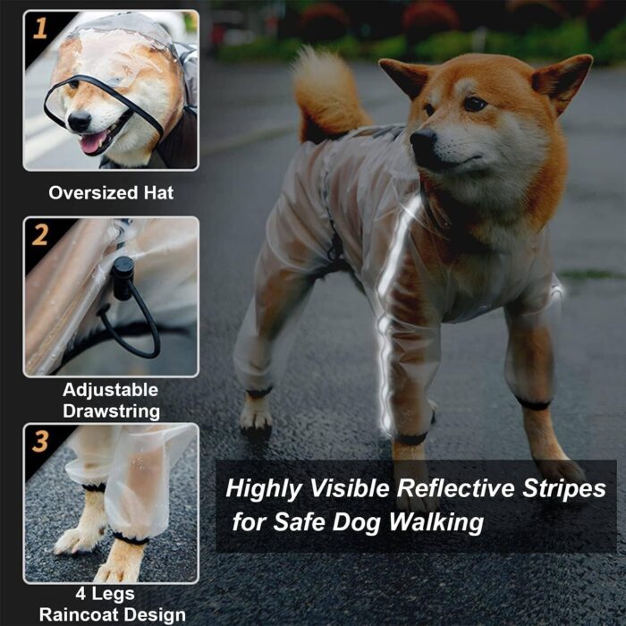 Olsa Dog Raincoat, Dog Hooded Slicker Poncho, 4 Legs Dog Rain Jacket with Reflective Stripe, Transparent Water Proof Resistant Dog Rain Snow Clothes for Small Medium Large Dogs - Image 3