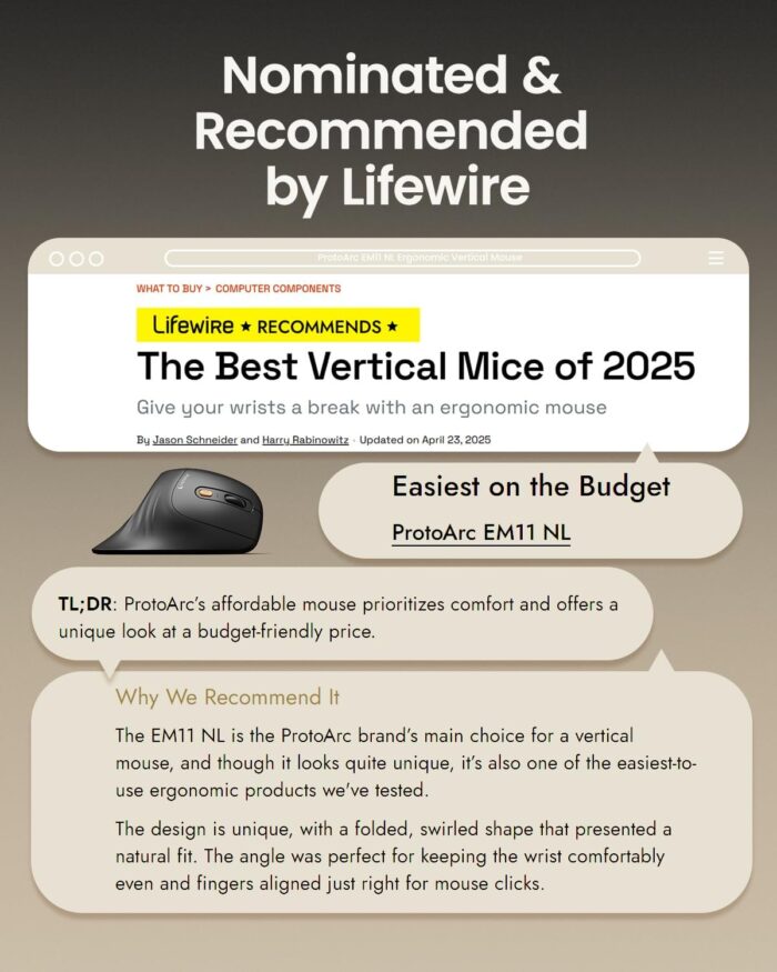 ProtoArc Ergonomic Mouse, EM11 NL Bluetooth Rechargeable Wireless Vertical Mouse, 3 Multi-Device Connectivity for Computer/PC/Laptop, 2.4GHz Optical Mice for Windows, Mac OS, Black - Image 5