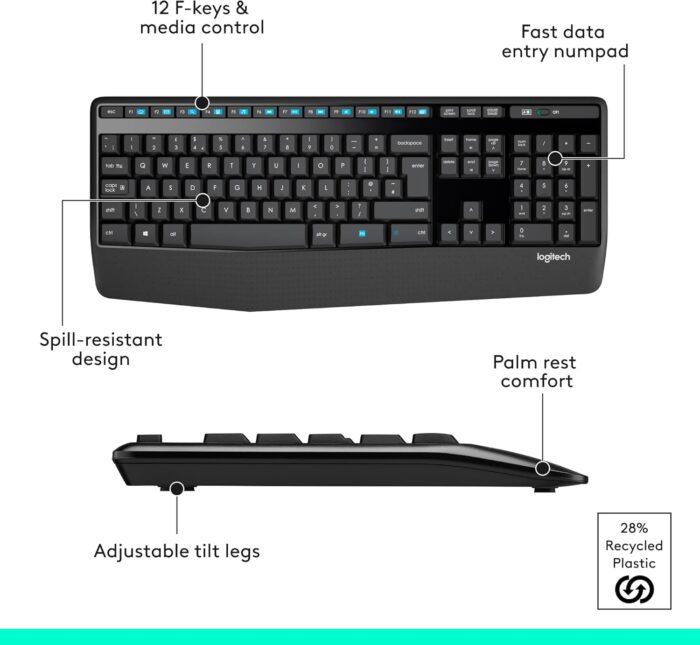 Logitech MK345 Wireless Keyboard and Mouse Combo, Full-Sized Keyboard with Palm Rest, Right-Handed Mouse, 2.4 GHz Wireless USB Receiver, Compatible with PC, laptop, Arabic Layout - Black - Image 7