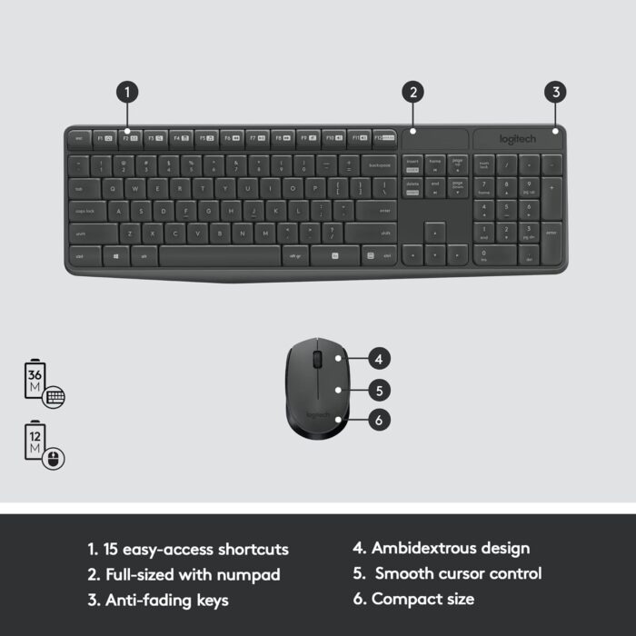 Logitech MK235 Wireless Keyboard and Mouse Combo for Windows, 2.4 GHz Wireless with Unifying USB-Receiver, Wireless Mouse, 15 FN Keys, 3-Year Battery Life, PC/Laptop, Arabic/English Layout - Black - Image 6