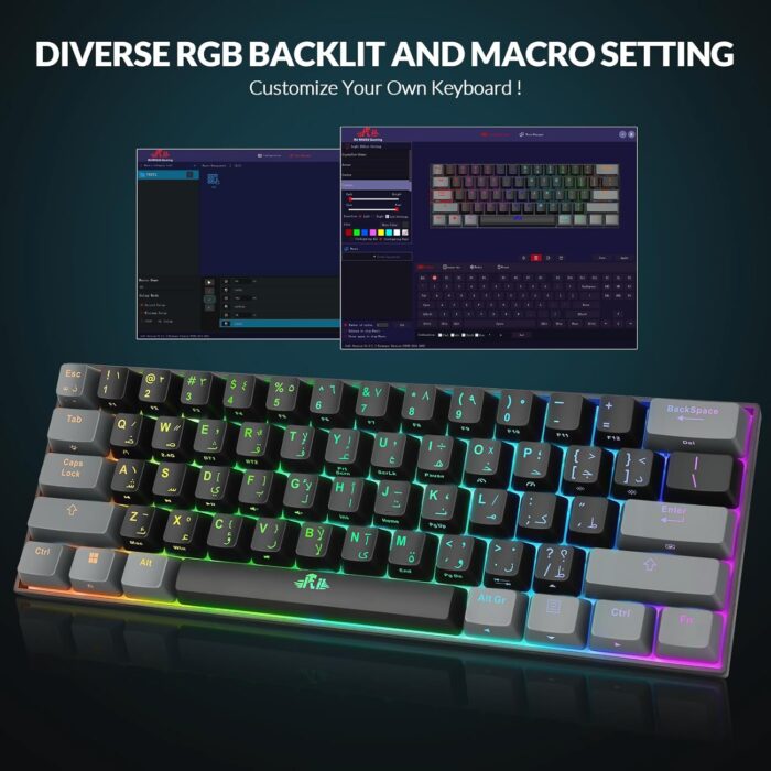 Rii [Arabic layout]RK802 Wireless Gaming keyboard, 3 Modes(Bluetooth/2.4G/Wired), 60% Rechargeable RGB Backlit Gaming Keyboard Red Switch for PC Windows Laptop(Black) - Image 8