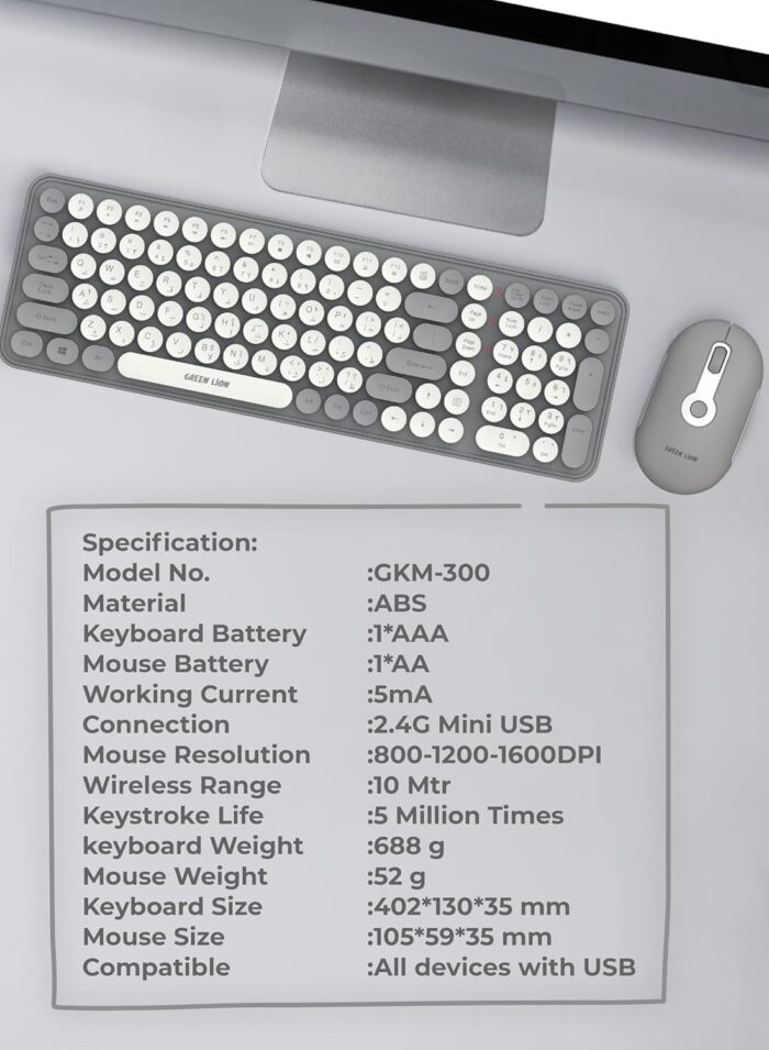 Green Lion GKM-300 Wireless Keyboard+Mouse, Multiple DPI Mouse, USB connectivity, 5M Keystrokes, 2.4G Mini USB, 10 M Range, Quiet Typing, Build in Plate - Gray - Image 3