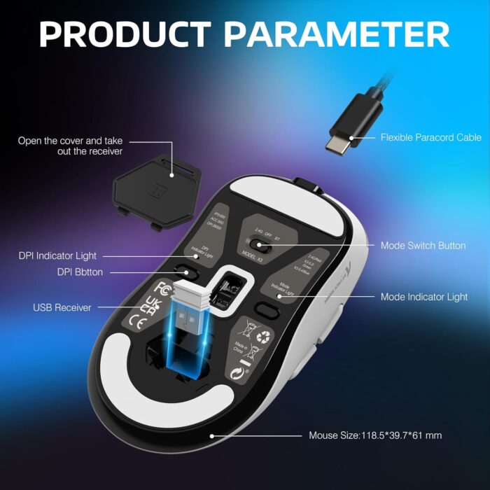 ATTACK SHARK X3 Lightweight Wireless Gaming Mouse with Triple Mode 2.4G/USB-C Wired/Bluetooth, 26K DPI, PAW3395 Optical Sensor, GM8.0 Kailh Switch, 5 Programmable Buttons for PC/Win/Mac - Image 8