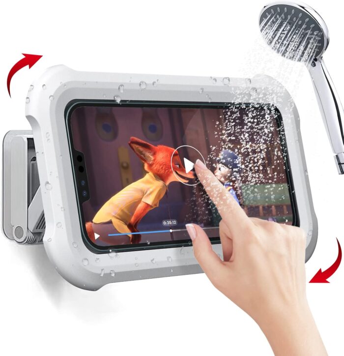 OOLYCIO Upgraded 480° Rotating Shower Phone Holder Waterproof Case with Touch Screen,OOLYICO Shower Accessories Guardian Buddy Holder Wall Mount Shelf in Bathroom Bathtub for 4″ – 7″ Cell Phone