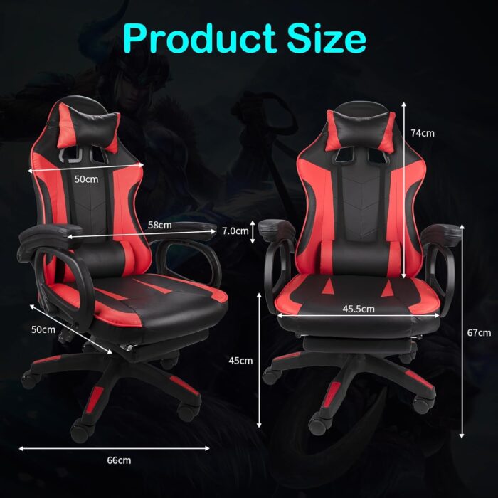 Eesyy Gaming Chair, Ergonomic High Back Gaming Chairs Reclining & Height Adjustable Computer Chair with Neck and Massage Lumbar Support, Retractible Footrest, 360° Silent Casters, Black-Red - Image 3