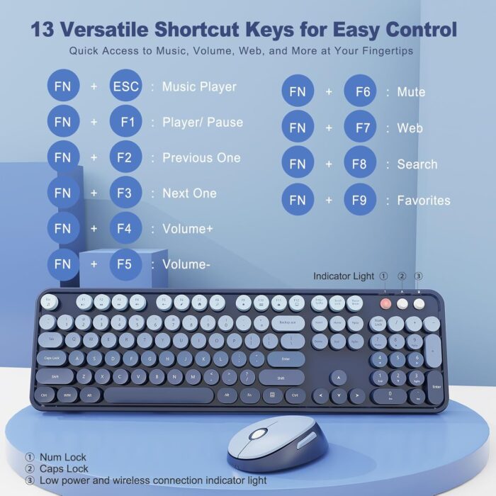 Nowlike Wireless Keyboard and Mouse Set, Full-Size Typewriter Keyboard with Retro Round Keycaps, Ergonomic Design, Compatible with Windows PCs, Ideal for Home and Office. (Blue) - Image 3